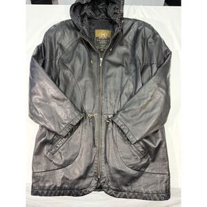 Vintage‎ 90s Express Avenue de l'Opera Leather Hooded Parka Jacket Medium Black